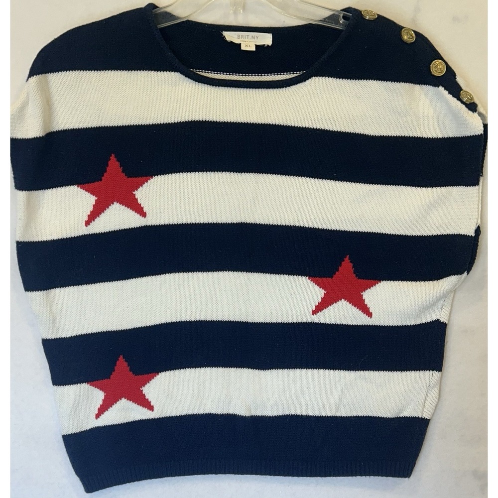 BRIT.NY Navy White Stripe Sweater Red Star Patriotic/Nautical 100% Cotton Sz XL